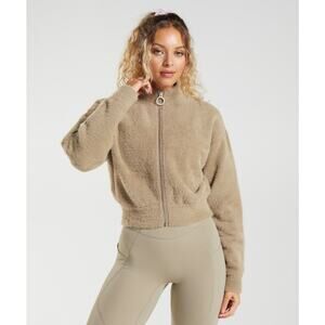 GYMSHARK x WHITNEY SIMMONS Eyelash Knit Jacket Cement Brown Size M Cropped